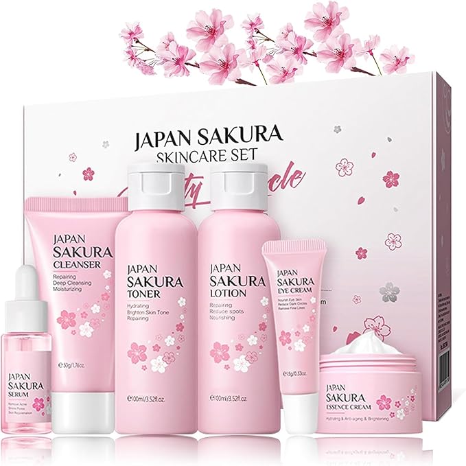 Skin Daily Skincare Set,Gentle Korean Skin Care Set,Skin Care Routine Kit for Women Gift Sets Includes Cleanser,Toner,Lotion,Serum,Eye Serum,Essence Cream Sakura Beauty Products (SetA)