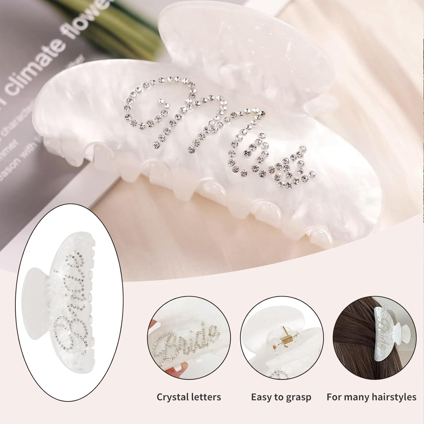 2Pcs Bride Claw Hair Clip, Bride White Acrylic Hair Clips with Rhinestone Logo, Bachelorette Party Wedding Birthday Banana Barrettes Hair Decorations for Girl, Trendy Bridal Claws