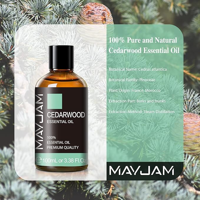 Cedarwood Essential Oil 100ML/3.38FL.OZ, MAYJAM Premium Grade Cedarwood Oil Essential Oils with Glass Dropper, Great for Aromatherapy Diffuser and DIY Soap Making