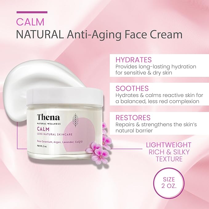 THENA CALM Face Moisturizer Cream Organic & Natural Skin Care, Ultra Hydrating With Hyaluronic Acid & Lavender Plant-based Skincare Anti aging Face Cream Dry Skin Facial Moisturizer For Women Men