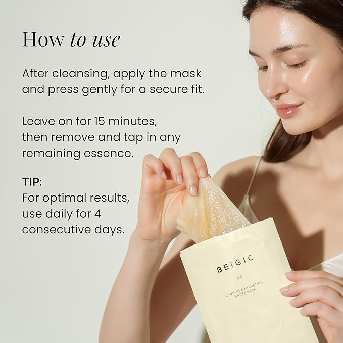BEIGIC Luminous Hydrating Sheet Mask - Vegan Moisturizing Firming Face Mask Pack with Peptides, Vitamin C & Niacinamide for Dewy Glass Skin (4ea, 0.84 fl oz)