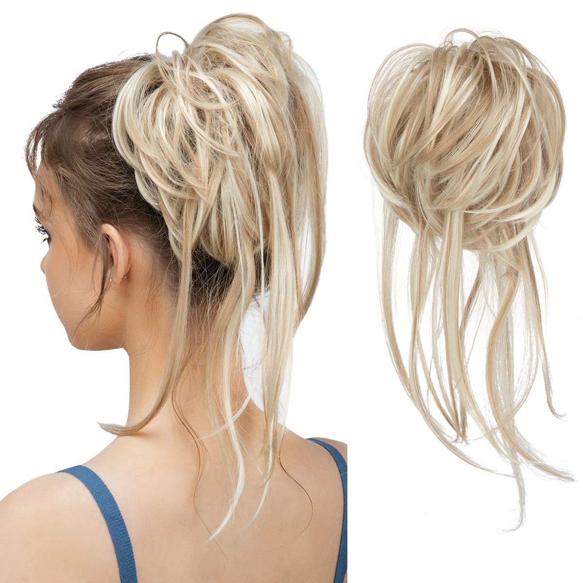 CJL HAIR Messy Bun Hair Piece Curly Hair Bun Extensions with Straight Tails Synthetic Hair Scrunchies Ponytail Hairpieces for Women Ash Blonde/Beach Blonde