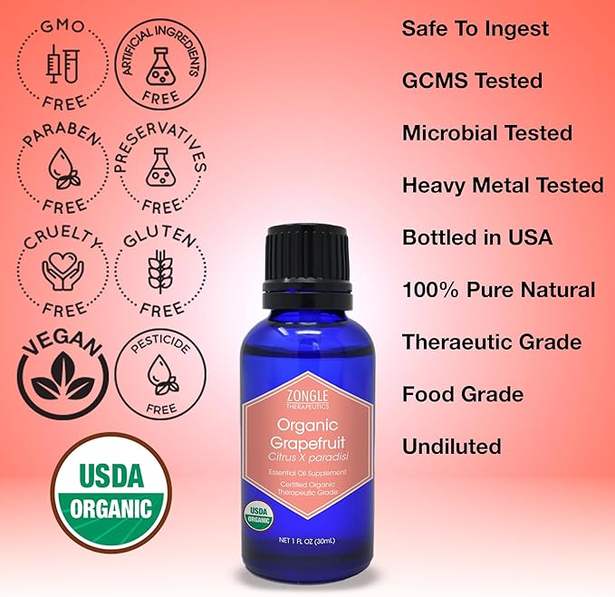Organic, Grapefruit Essential Oil, Food Grade – 100% Pure, Grapefruit Oil, by Zongle Therapeutics, 1 OZ