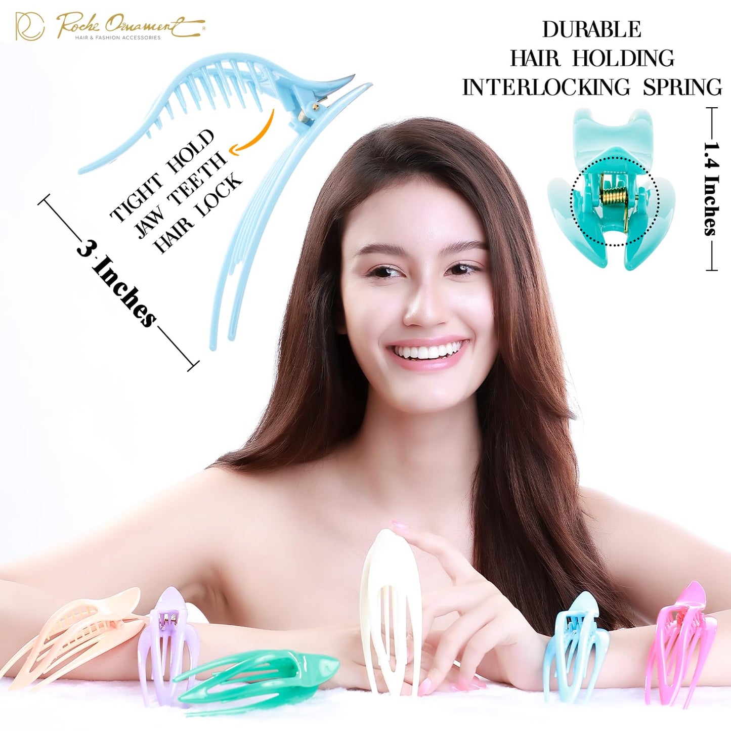 RC ROCHE 6 Pcs Flat Hair Clips Big Claw for Thick Hair French Duckbill Women No Slip Side Slide Curved Alligator Concord Strong Grip Hold Volume Lay Down Clamp, Medium Pastel Multicolor