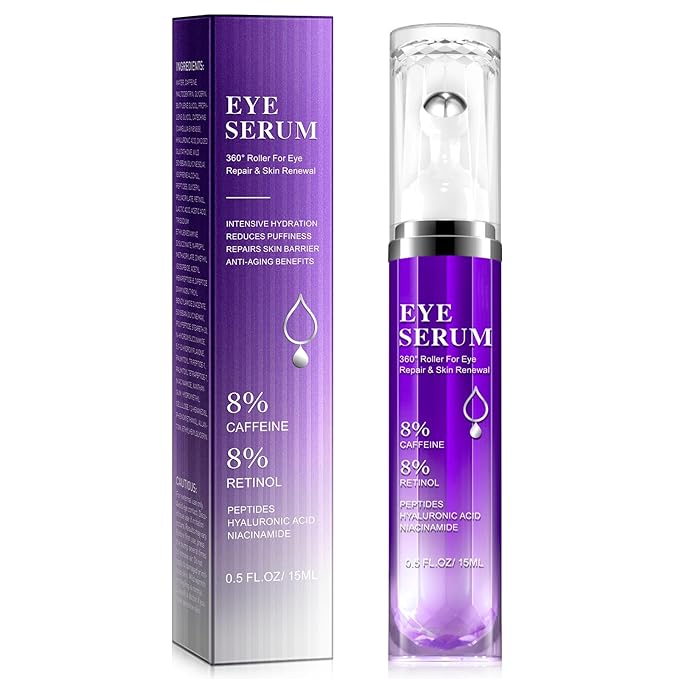 Under Eye Roller Serum|5% Caffeine 5% Retinol Eye Cream for Dark Circles, Puffiness and Bags, Puffy Bags Fine Lines Wrinkles, 360° Massage Ball Cream, 8% Hyaluronic Acid Serum