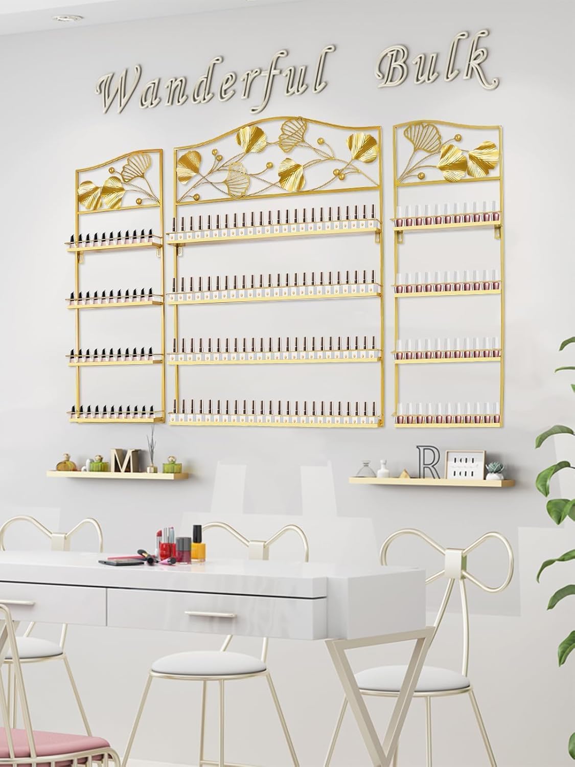 EBANKU Metal Nail Polish Racks, Gold Flower Shape Display Rack Cosmetic Display Case Lipstick Perfume Wall-mounted Shelf Essential Oil Organizer for Home Spa Nail Salon Shop