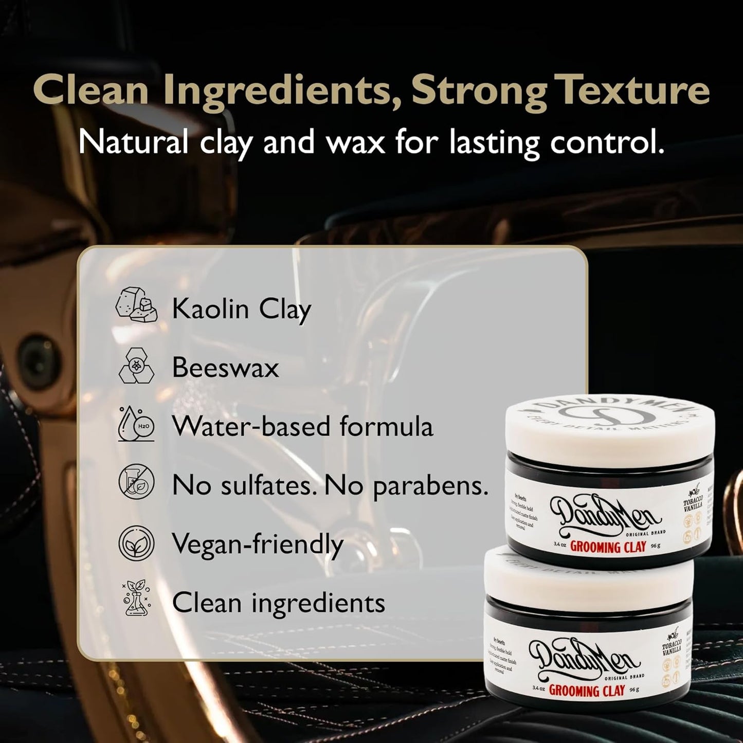 Grooming Clay – Strong Hold, Natural Matte Finish, and Flexible Styling with Kaolin Clay & Beeswax – Tobacco Vanilla Scent – 3.4 oz (2-pack)
