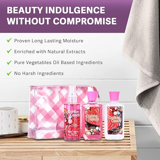 Cotton Candy Bath & Body Care Travel Set, Home Spa Gift Set Includes Body Lotion, Shower Gel, and Fragrance Mist, Personal Body Care Travel Set, Birthday Mother's Valentine's Day Gifts