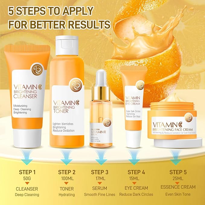 Skin Care Set, 5Pcs Vitamin C Skin Care Sets & Kits, Skin Care for Teenage Girls Gift Set with Cleanser, Toner, Serum, Eye Cream, Facial Cream, Facial Skin Care Sets & Kits
