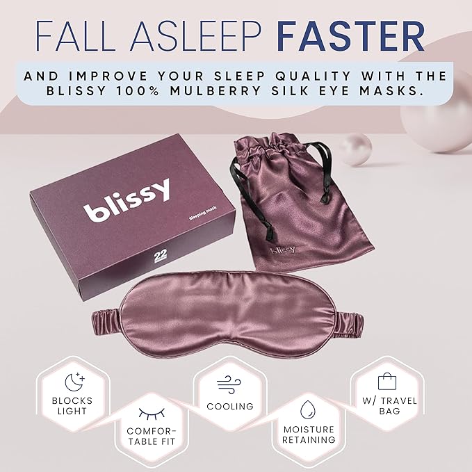 Blissy Silk Sleep Mask - Silk Eye Sleeping Mask for Women & Men for Total Blackout - 100% Pure Mulberry Silk, 22 Momme 6a Fibers - Blindfold Silk Sleep Mask Side Sleeper Eye Cover (Plum)