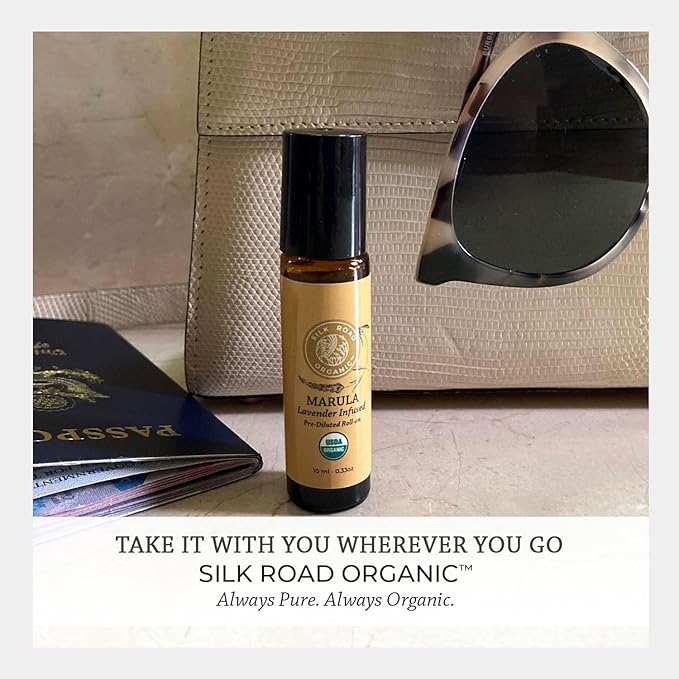 Silk Road Organic Marula Seed & Lavender Essential Oil, 100% Pure USDA Certified Aromatherapy, Deep Hydration for Face, Body, Lips, Hair, Nails - 10 ml Roller