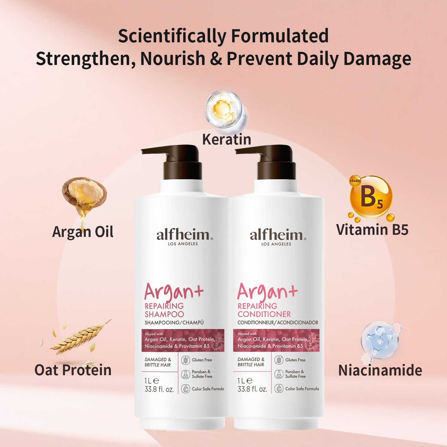 ALFHEIM Argan+ Repairing Shampoo & Conditioner Set for Dry, Damaged & Frizzy Hair with Argan Oil, Keratin – Deep Repair, Moisture, Shine & Frizz Control – Color Safe, Sulfate Free – 33.8 oz × 2