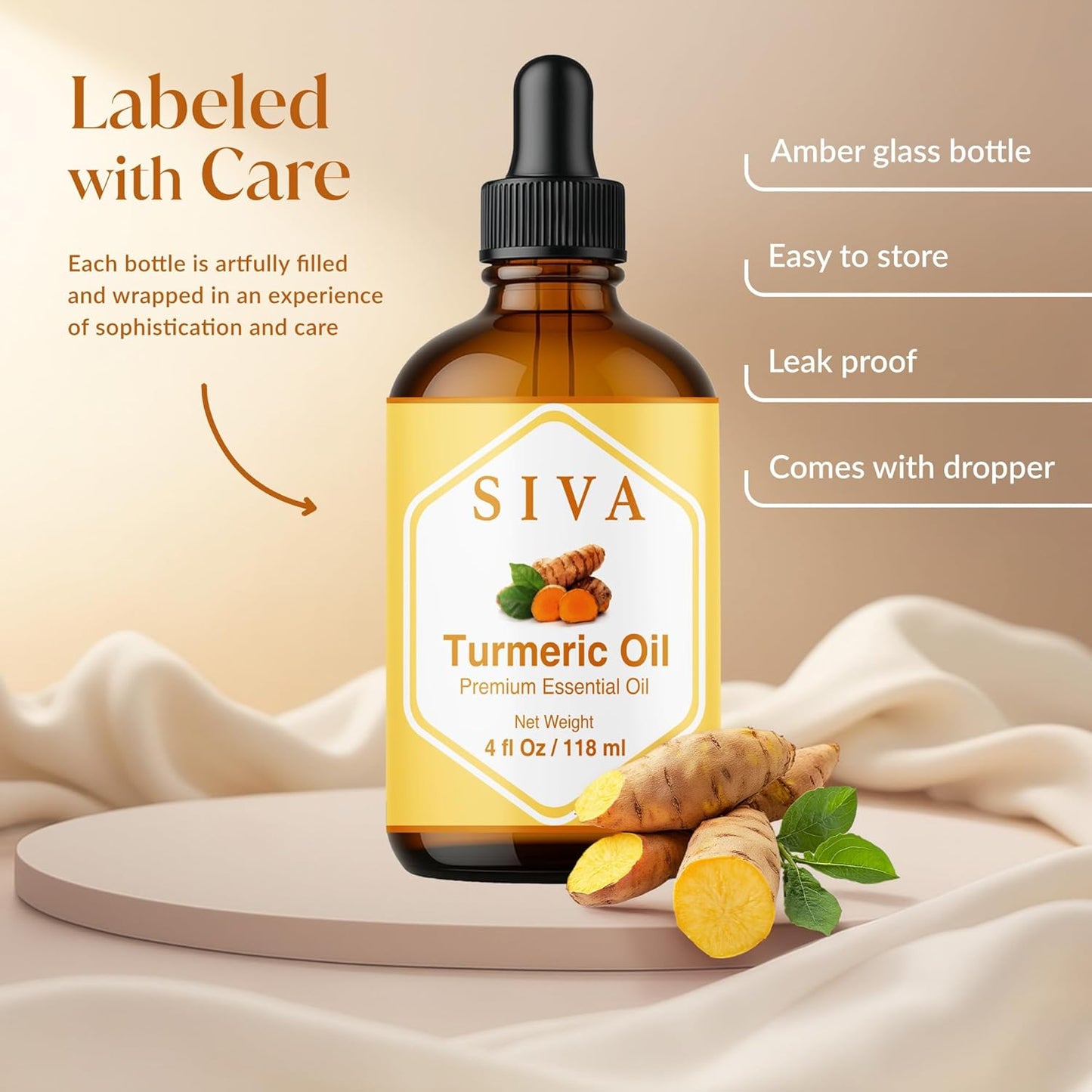 Siva Turmeric Essential Oil - 4 Fl Oz – 100% Natural Turmeric Oil - for Diffuser, Face, Skin Care, Aromatherapy, Hair Care, Scalp and Body Massage - with Dropper