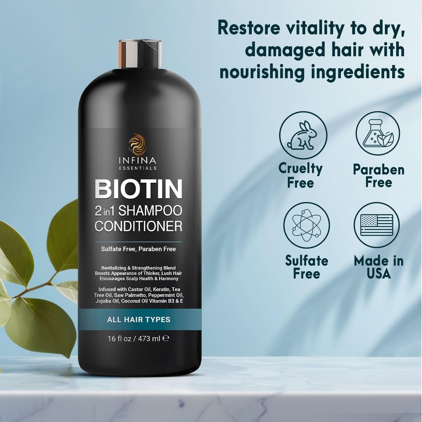 Biotin 2-in-1 Shampoo and Conditioner for Men & Women – Hair Thickening & Strengthening Shampoo with Saw Palmetto, Keratin, Caffeine & Vitamin E – Convenient Daily Use – 16 fl oz