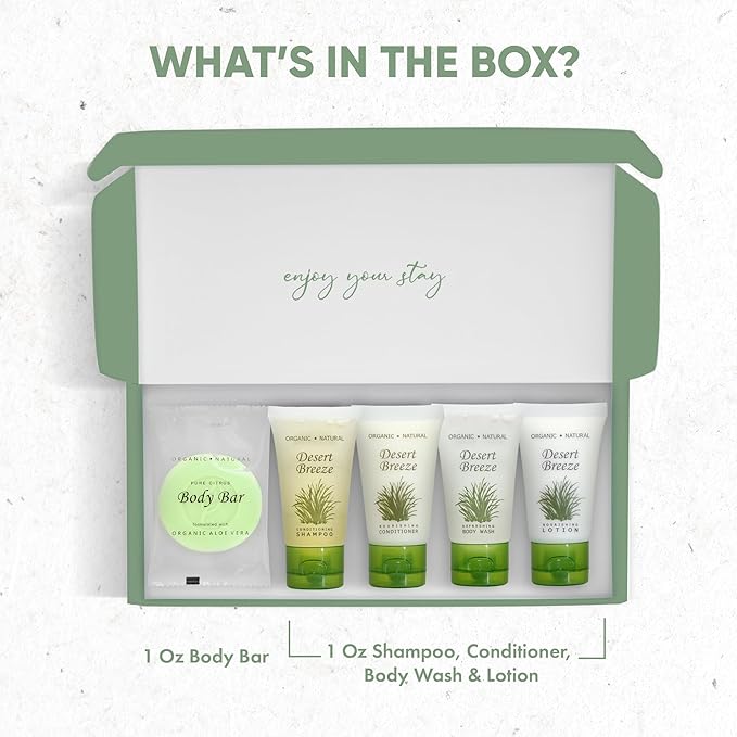 Amenity Kit | Boxed Hotel Toiletries Bulk Set | 1 oz Shampoo, Conditioner, Lotion, Body Wash & Body Bar Soap | 1 Set per Case