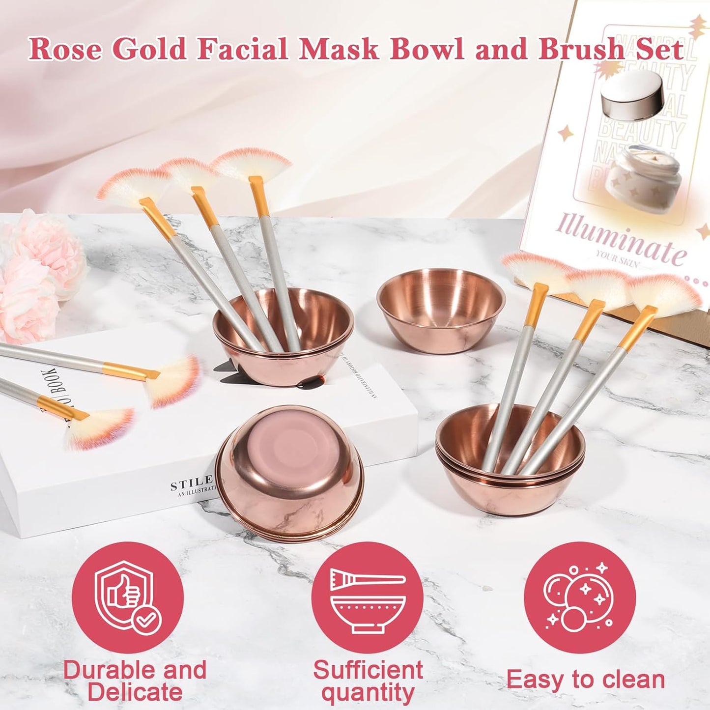 8 Pcs Rose Gold Esthetician Supplies 4 Facial Fan Brushes Esthetician 4 Rose Gold Stainless Steel Mixing Bowls Face Mask Brush Facial Bowls Esthetician for Mud Cream Makeup Spa Salon Women