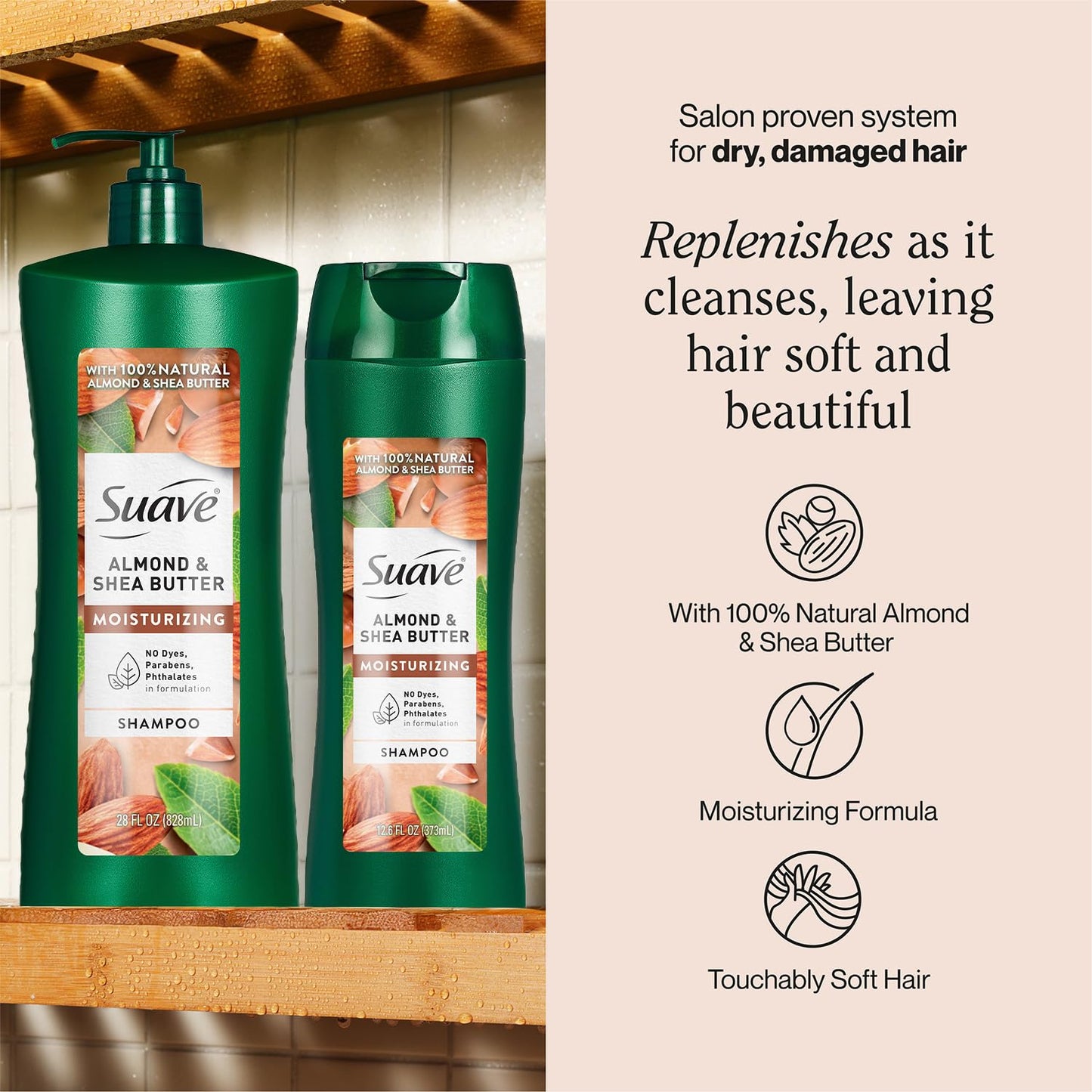 Suave Almond Shea Butter Moisturizing Shampoo 2-Size Bundle, Clarifies & Replenishes Dry, Damaged Hair