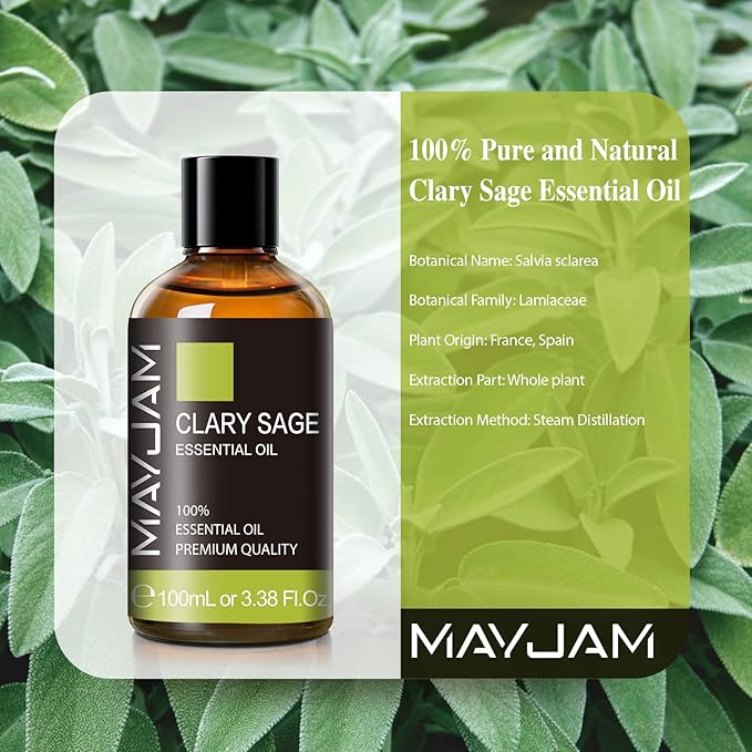 Clary Sage Essential Oil with Glass Dropper - MAYJAM Pure Clary Sage Oil Essential Oils for Diffusers for Home - Perfect for Aromatherapy and Relaxation - Huge 3.38fl.oz