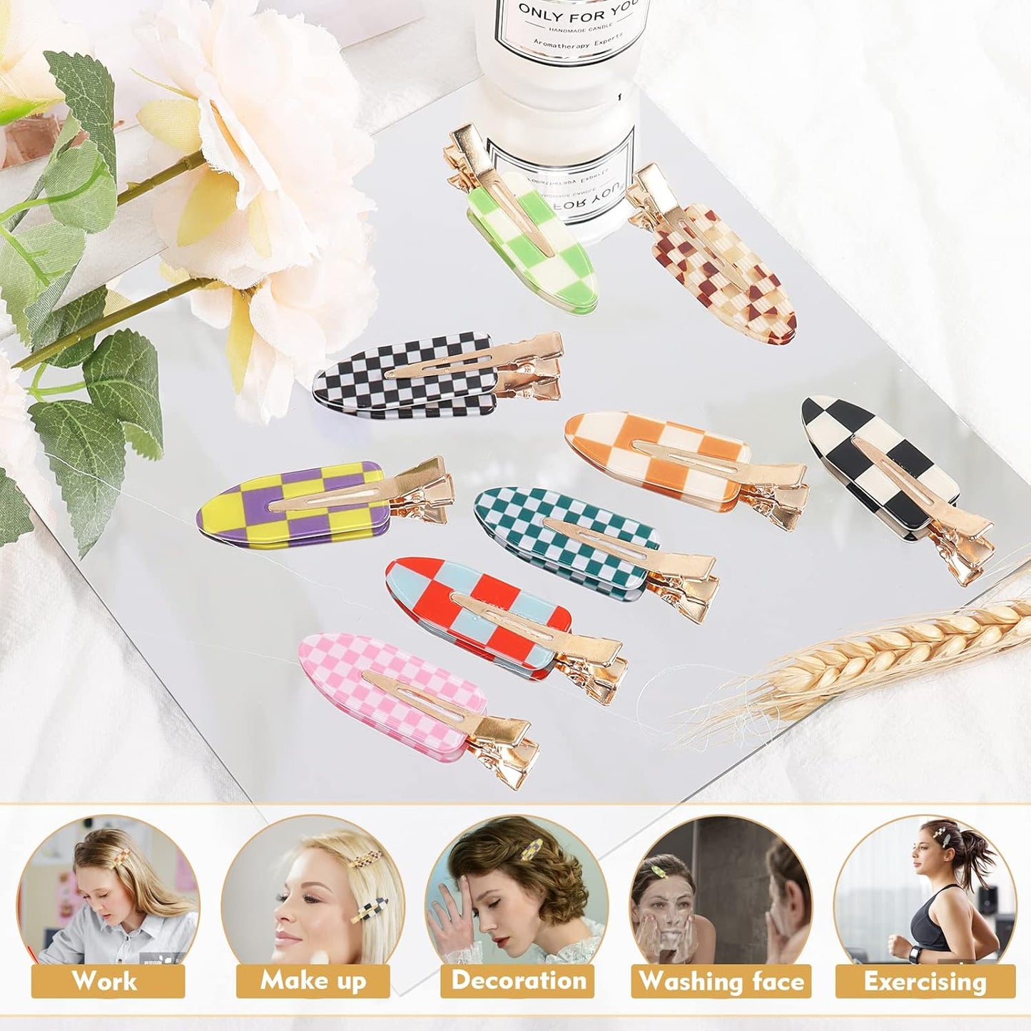 18PCS No Bend Hair Clips, Checkerboard No Crease Curl Pins, Acrylic Resin Flat Styling, Colorful Bang Seamless Duckbill Barrette for Makeup Hairstyle Accessories for Women Girls