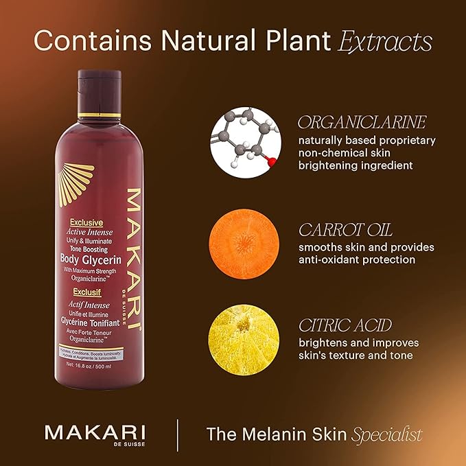 Makari Exclusive Active Intense Tone Boosting Body Glycerin (16.8 oz) | Skin-Brightening Body Glycerin | Moisturizes and Softens | Promotes Even Skin Tone | for All Skin Types Except Sensitive