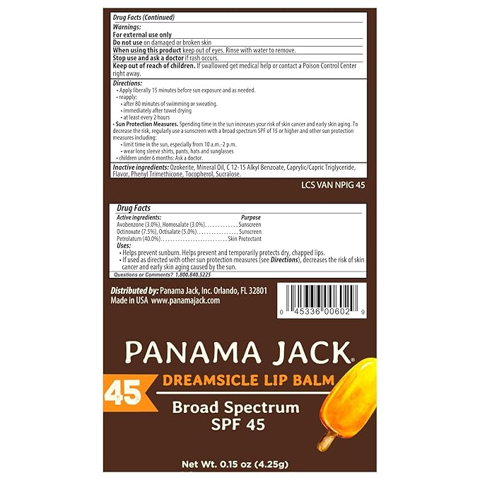 Panama Jack Sunscreen Lip Balm - SPF 45, Broad Spectrum UVA-UVB Sunscreen Protection, Prevents & Soothes Dry, Chapped Lips, Dreamsicle, 12-pack