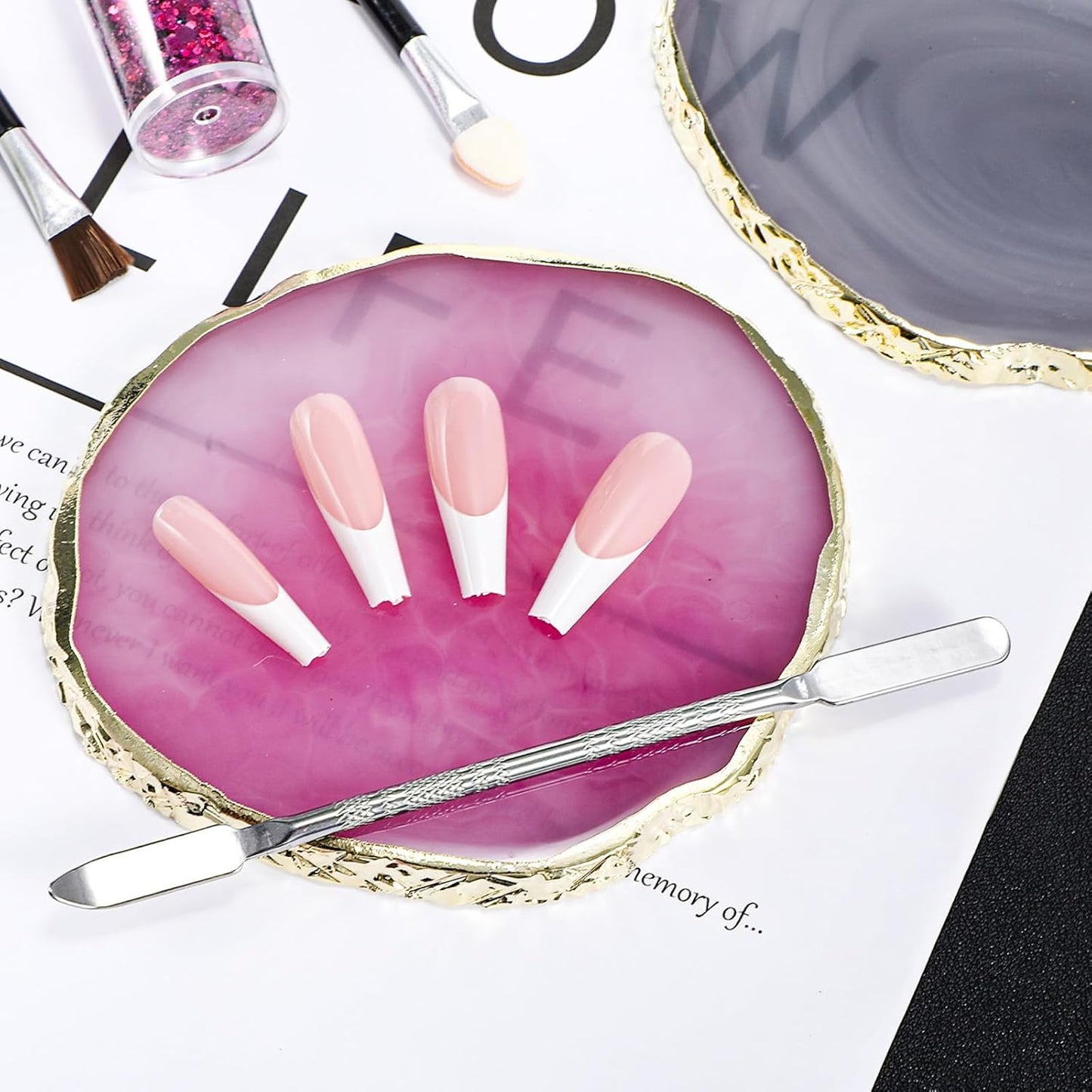 2 Pcs Nail Color Mixing Palette Nail Polish Palette With Silver Stirring Rod Gold Edge Color Makeup Display Board Nail Mixing Palette Cosmetic Mixing Tools For Gel Polish Nail Art Plate In Pink Gray