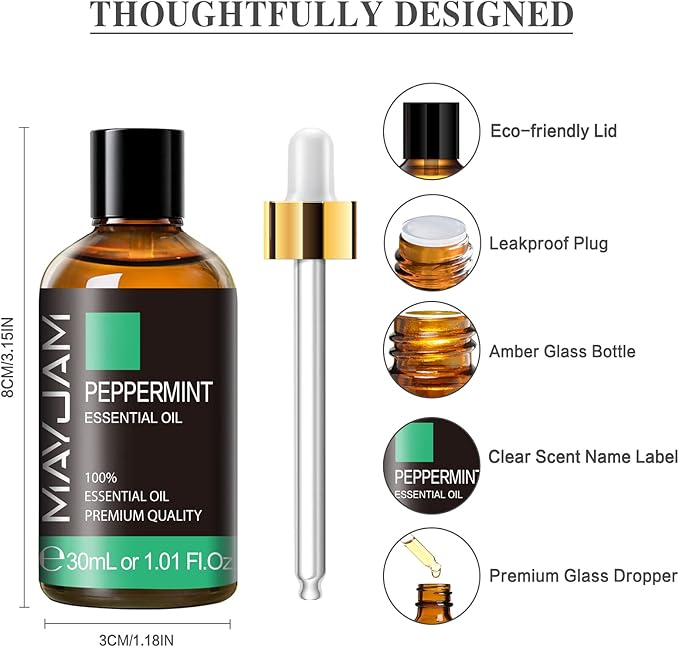 Peppermint Essential Oil, MAYJAM Peppermint Oil for Diffusers for Home, 30ML Pure Essential Oils for Humidifiers or DIY Bath Bomb for Home-1.01FL.OZ