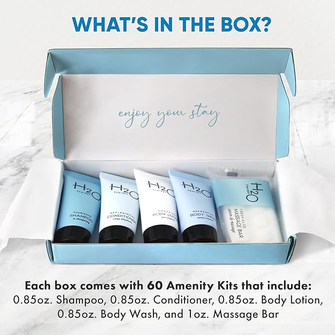 H2O Therapy Amenity Kit | Hotel Bulk Toiletries | 0.85 oz Shampoo, Conditioner, Lotion, Body Wash, Body Bar Soap for Guest Hospitality Vacation Rentals | 60 Sets/Case