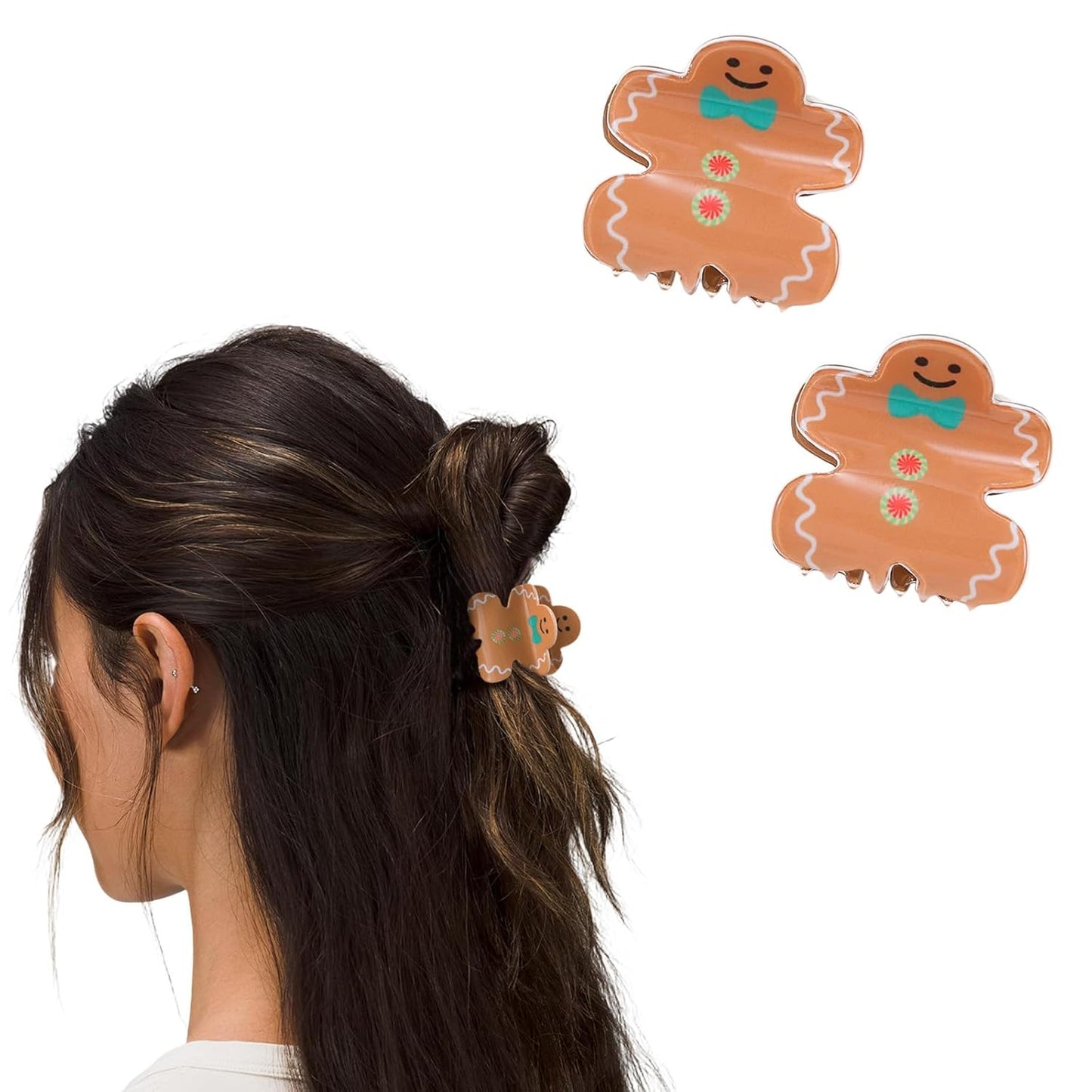 Cute Gingerbread Doll Hair Claw Clips for Women Girls, 2 Pcs Christmas Hair Clips Small Gingerbread Doll Claw Clips Winter Christmas Hair Accessories Acrylic Non-Slip Hair Claw for Hair and Thin Hair