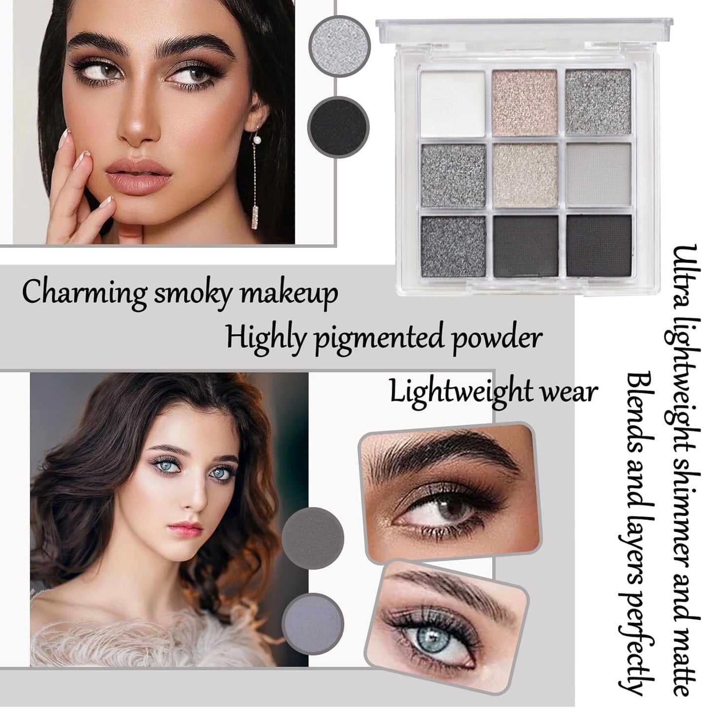 Black Grey Smoky Eyeshadow Palette,15 Colors Matte Shimmer Pigmented Eye Shadow Makeup Palette Set with 3 Eyeshadow Brushes,Glitter Eyeshadow Makeup Palette for Daily Halloween Goth Makeup(D)