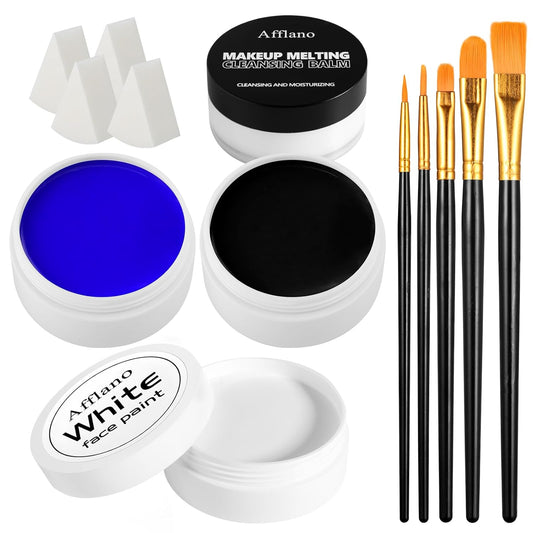 Black White Blue Face Paint Kit – 3×50g Oil-Based Grease Makeup with Remover Balm, Brushes & Sponges – Sweat-Proof, Easy On & Off SFX Makeup for Halloween, Cosplay, Ghost & Ice-Themed Stage Looks