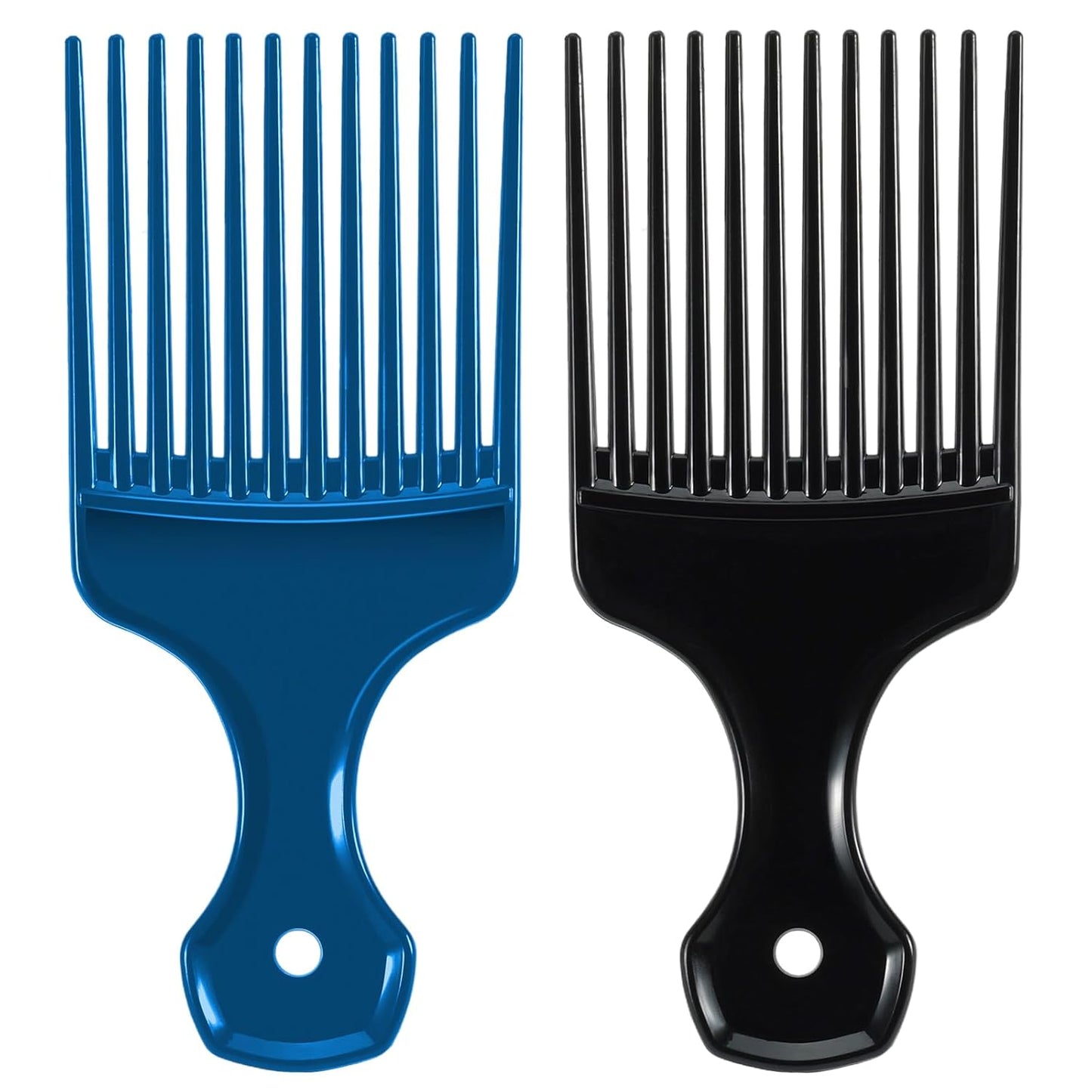 SIMPOR 2 Pcs Hair Pick Comb Wide Tooth Lift for Hair Styling Detangling Plastic Afro Pick for Women Men (Metallic Blue, Black)