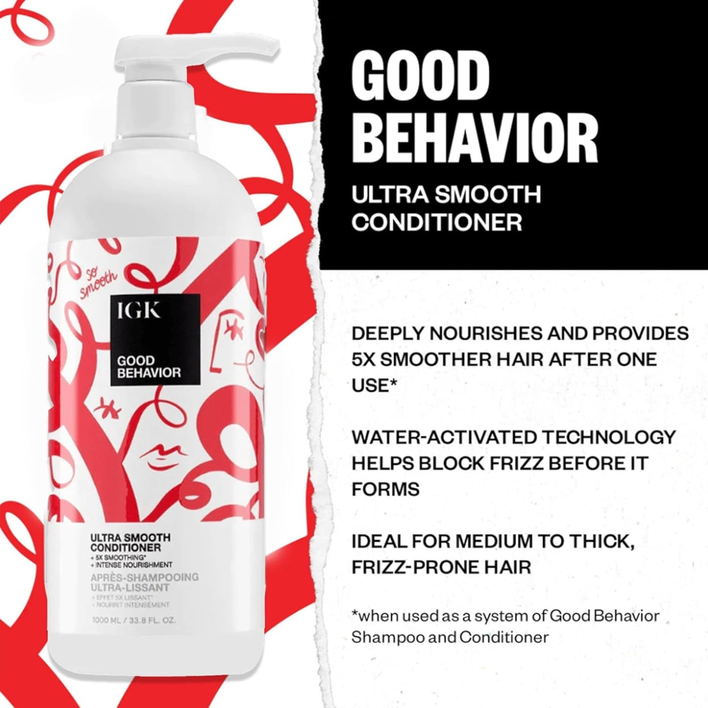 IGK GOOD BEHAVIOR Ultra Smooth Shampoo and Conditioner Set | Frizz Control + Hydrates + Shine | Vegan + Cruelty Free | 33.8 Oz