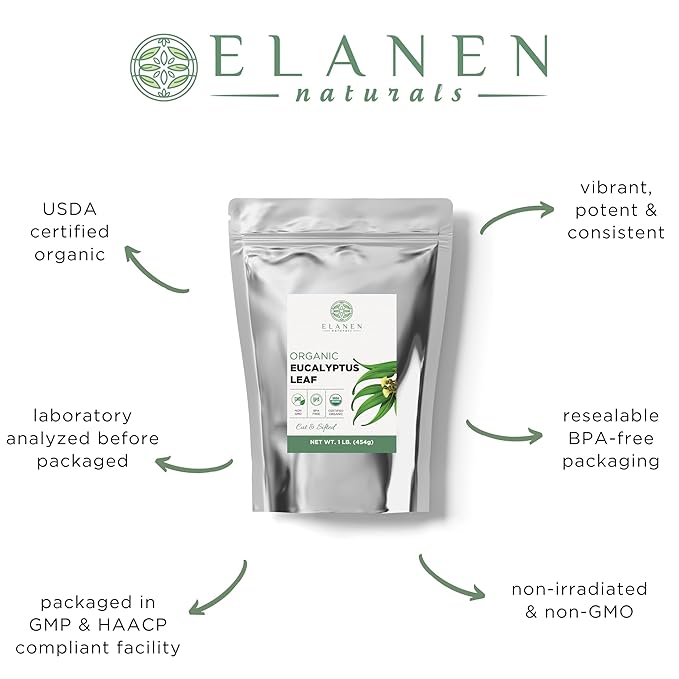 Elanen Naturals Organic Eucalyptus Leaf Tea 1 lb. (16 oz.), USDA Organic Eucalyptus Tea, Eucalipto Hojas Naturales, Eucalipto Leaves, Te De Eucalipto, Eaucalyptus, Calyptus, Cut & Sifted