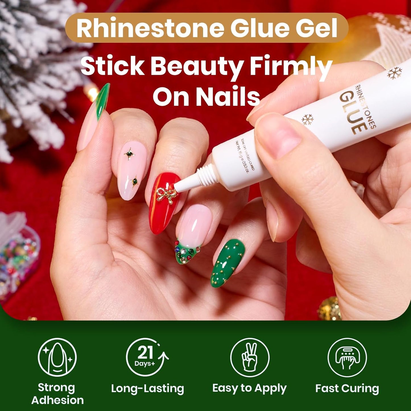 Beetles Christmas Rhinestones Glue Kit - Christmas Limited with 3D Sculpting Gel, Strong Nail Art Gem Glue &Tool for Crystals Pearls Charms Christmas Nail Art DIY Decoration Gift for Women