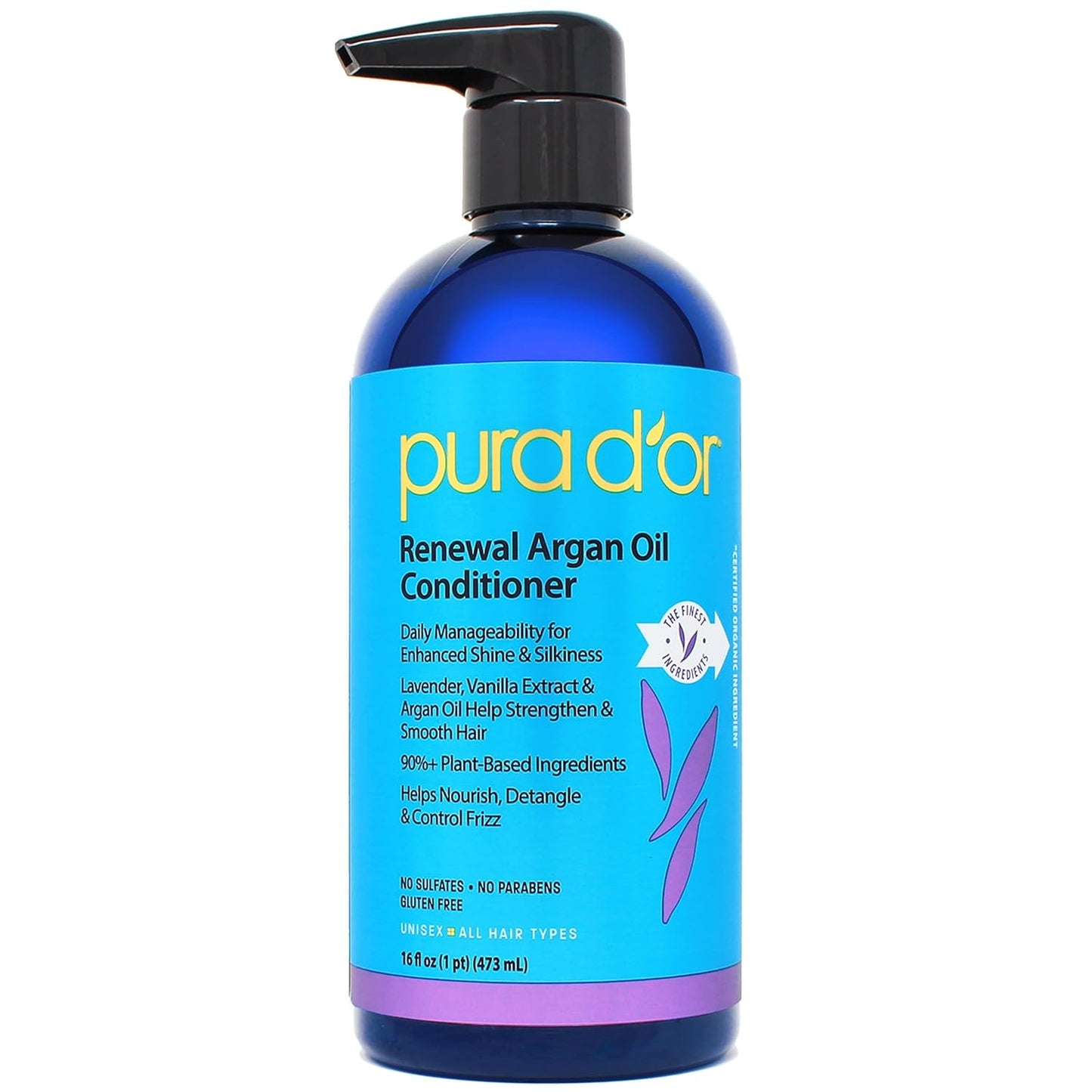 PURA D'OR 16 Oz Renewal Argan Oil Conditioner – Sulfate-Free, Hydrating, Frizz Control, Color-Safe, with Organic Aloe Vera & Argan Oil, Nourishing & Strengthening for Dry, Damaged Hair