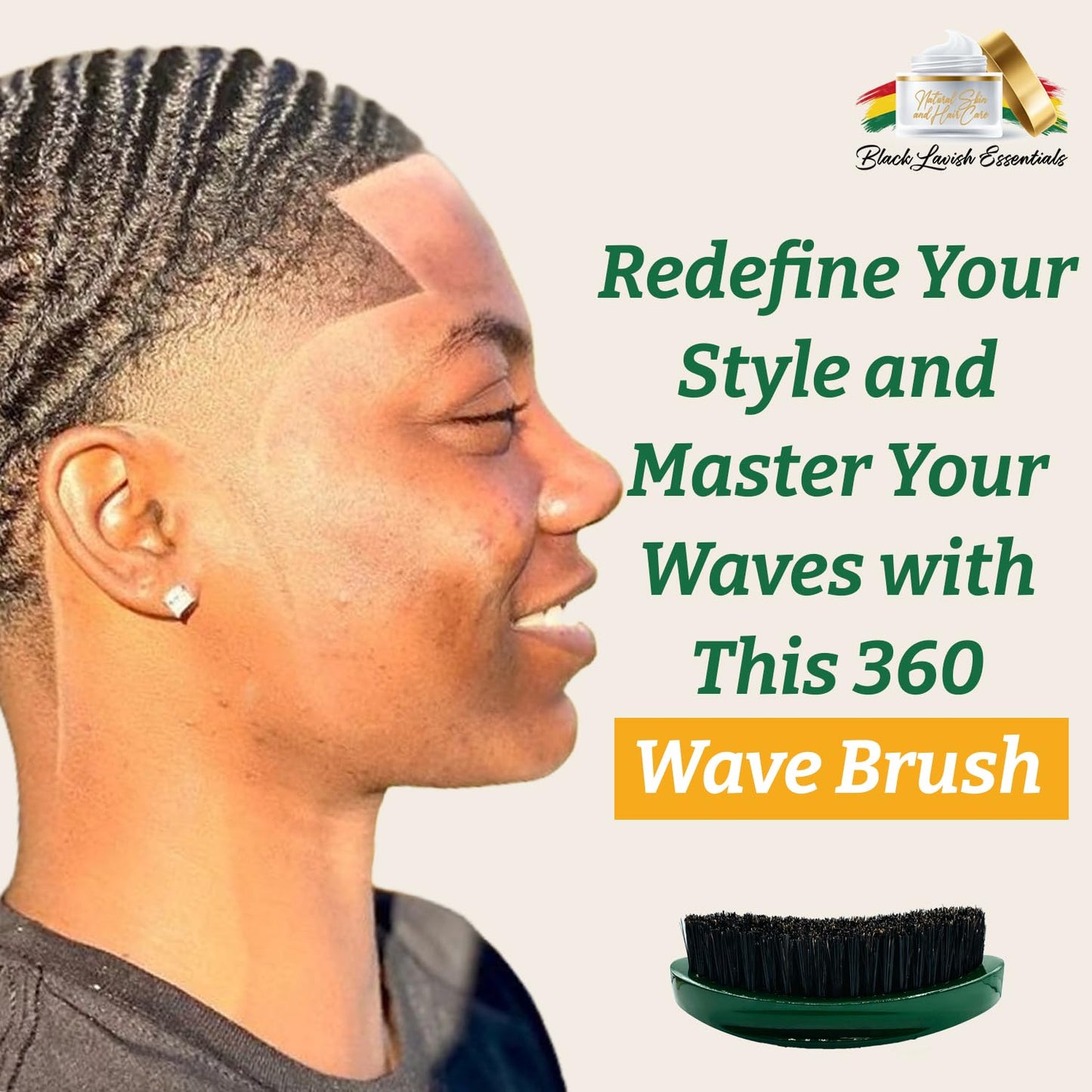 360 Wave Brush, Build Deeper Waves, Soft & Hard Boar Bristle Curved Brush, Black Lavish Essentials Signature (Emerald Green, Medium-Hard)