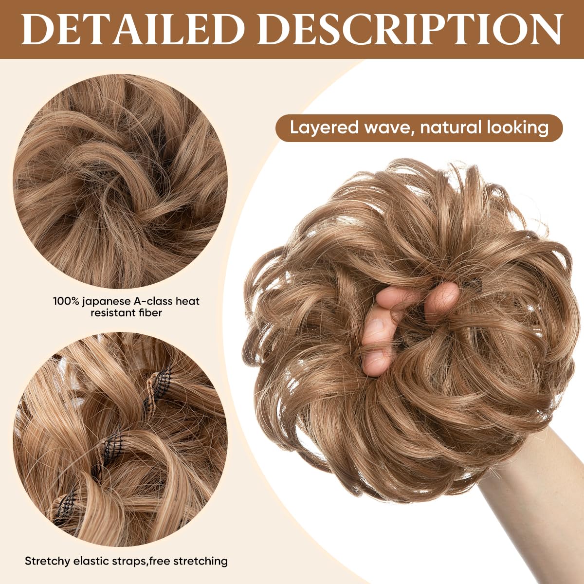 CJL HAIR Large Messy Bun Hair Piece Wavy Curly Scrunchies Synthetic Chignon Ponytail Hair Extensions Thick Updo Hairpieces for Women Jet Black