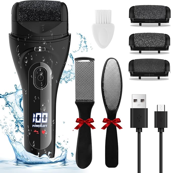 Electric Foot File Pedicure Feet Hard Skin Remover Foot Scraper Dry Dead Skin Remover Callus Exfoliator Rechargeable Feet Scrubber with 3 Replacement Rollers Foot Care Skin Removers, Black