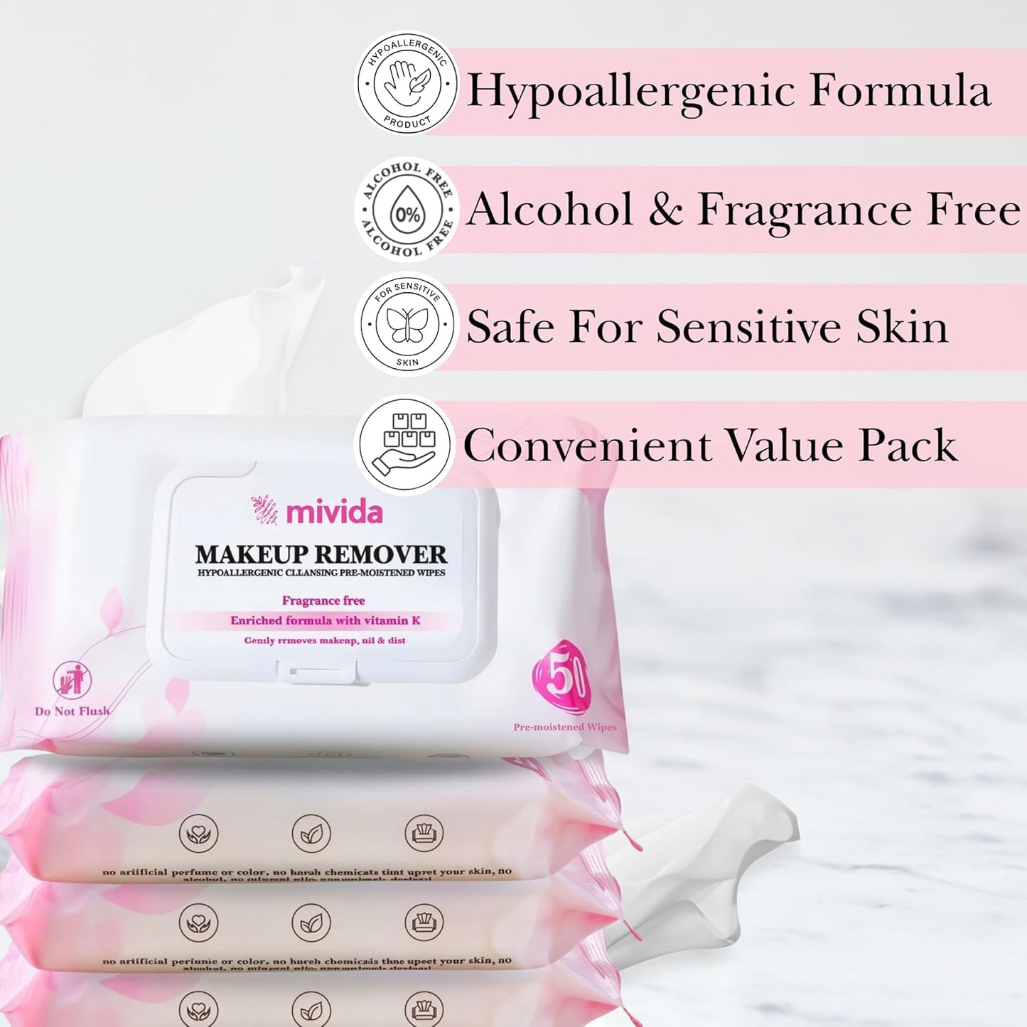 mivida Hypoallergenic Makeup Remover Wipes with Vitamin E | 4x50 count Total 200 bulk make up removing Wipes | Fragrance Free makeup wipes