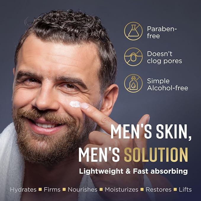 Mens Face Moisturizer - Deep Hydrating & Anti Aging Mens Lotion | Made in Europe | Vitamin C+E, Elastin, Hyaluronic 4D - Mens Face Cream for Daily Use - Eye, Face & Neck Mens Skin Care