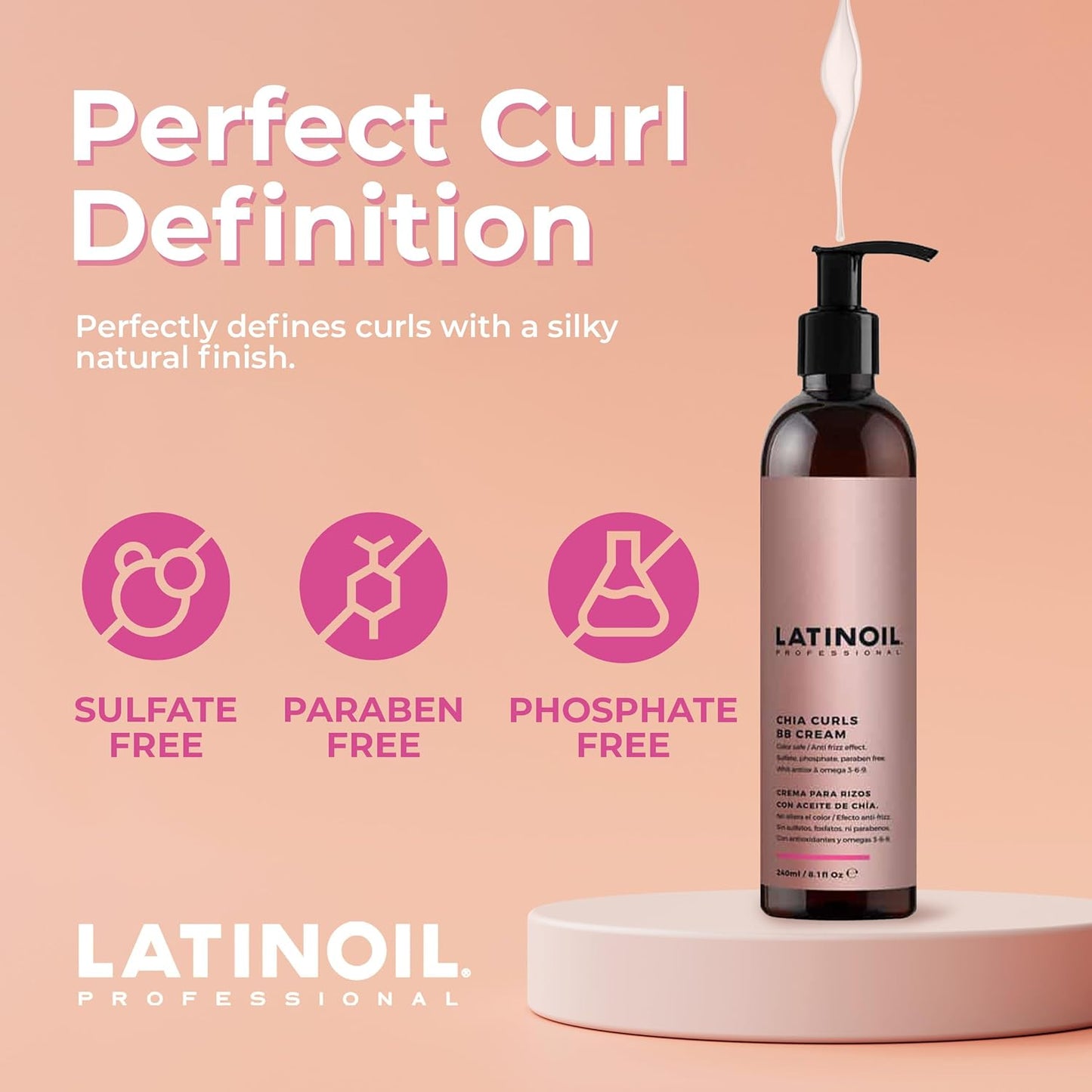 LATINOIL - Curl Defining Hair Cream - Lightweight Curl Enhancing Cream for Curly & Wavy Hair - Anti Frizz Moisturizing Styling Product with Chia Seed Oil & Amino Acids - Leave In Conditioner - 8.1 Oz