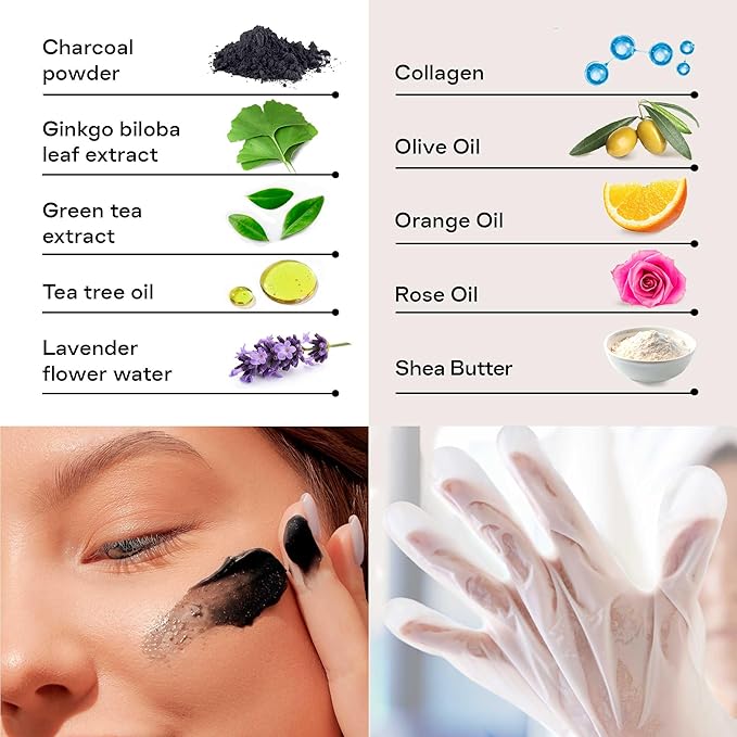Hand Mask & Activated Charcoal Face Mask Skin Care Kit - Korean Skin Care Products Bundle for Face Skin Care & Dry Hands - Charcoal Face Mask & Hand Masks Moisturizing Glove Combo 12 pk for Spa Day