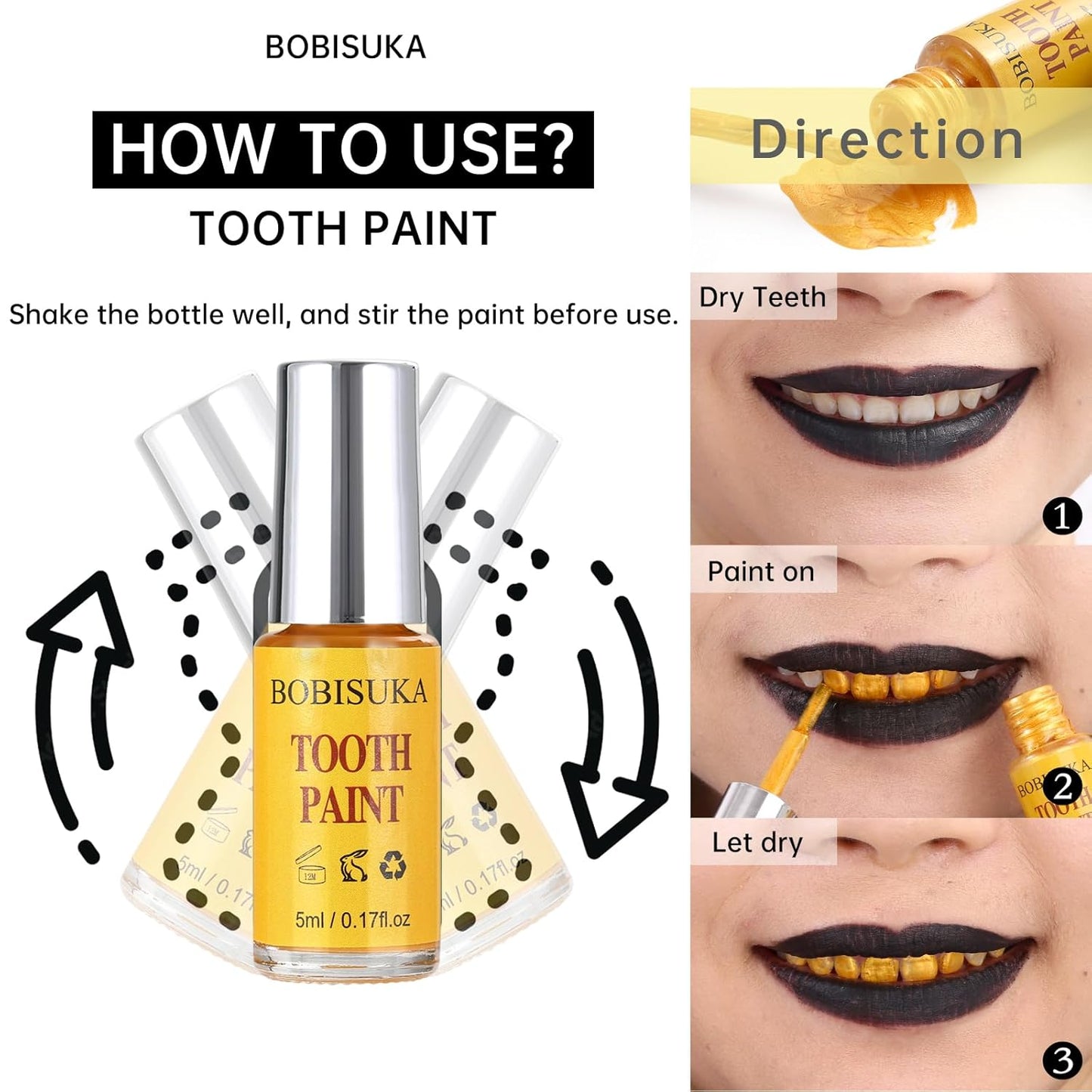 BOBISUKA Gold Tooth Paint, Professional Gold Costumed Teeth Paint - No Streak, Safe, Long Last SFX Tooth Makeup Paint, Perfect for Cosplay, Halloween Makeup, Theater, and Special Effects (5 ml)