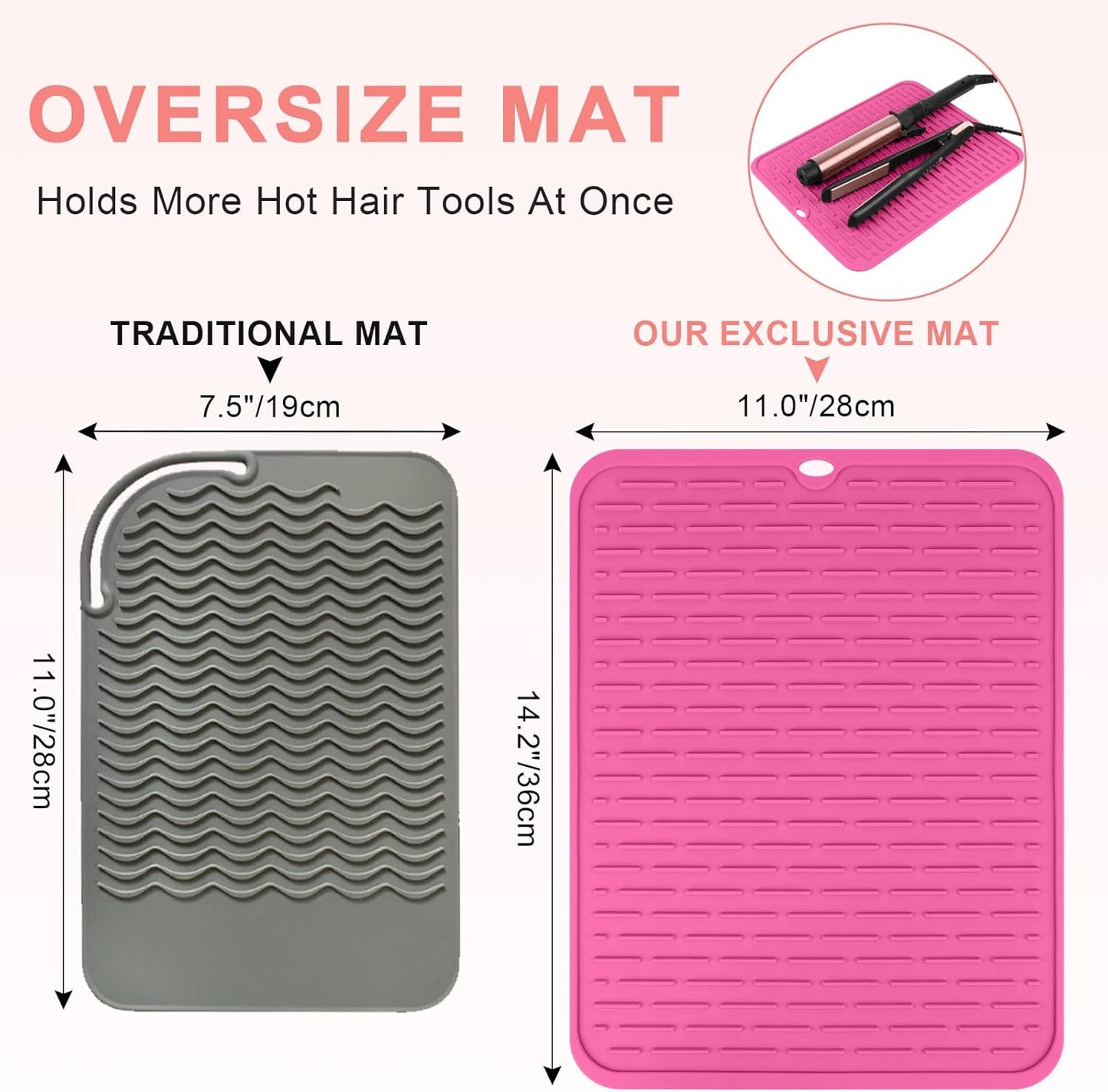 Oversize Silicone Heat Resistant Mat for Curling Irons, Flat Irons, Hair Straighteners and Hot Hair Styling Tools, Portable Hot Tools Sleeve Pad for Travel Vanity Salon(14.2" x 11.0")