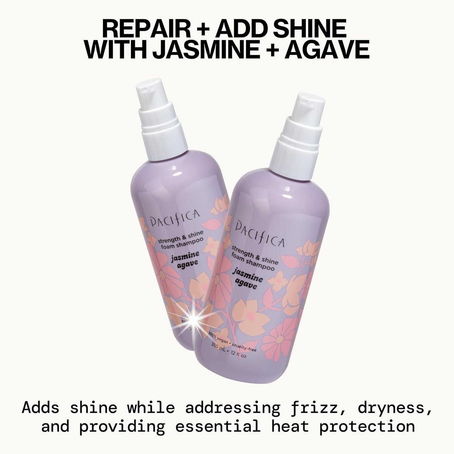 Pacifica Jasmine Agave Strength & Shine Foaming Shampoo – Repairing Foam Shampoo for Dry, Damaged or Bleached Hair, Deep Clean & Glossy Finish, Clean Beauty Vegan & Cruelty-Free Dermatologist Tested