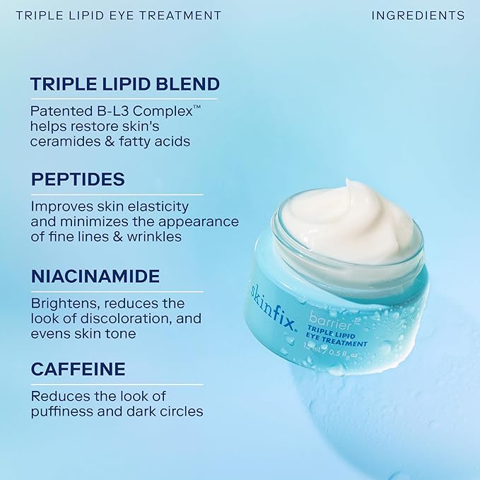 Skinfix Barrier+ Triple Lipid Eye Treatment: Infused with Caffeine, Niacinamide, and Peptides for Depuffing, Tightening, and Under-Eye Brightening, 15 ml