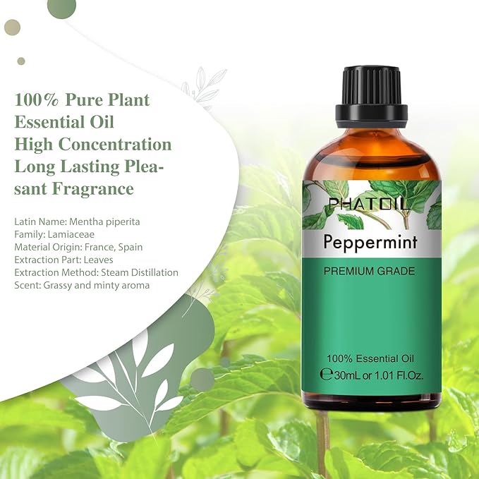 Peppermint Essential Oil, 1.01Fl.Oz (30ML) PHATOIL Pure Essential Oil Singles for Aromatherapy Diffusers, Humidifiers, Great for DIY Candle and Soap Making, Gift for Friend