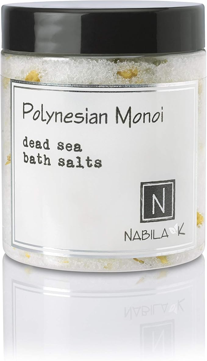Polynesian Monoi Bath Salts by Nabila K - Dead Sea Salt & Epsom Salt Scrub & Soak - Exfoliates & Hydrates Skin, Botanical Essential Oils - Bubble Bath Accessories for All Skins Types, 8 oz