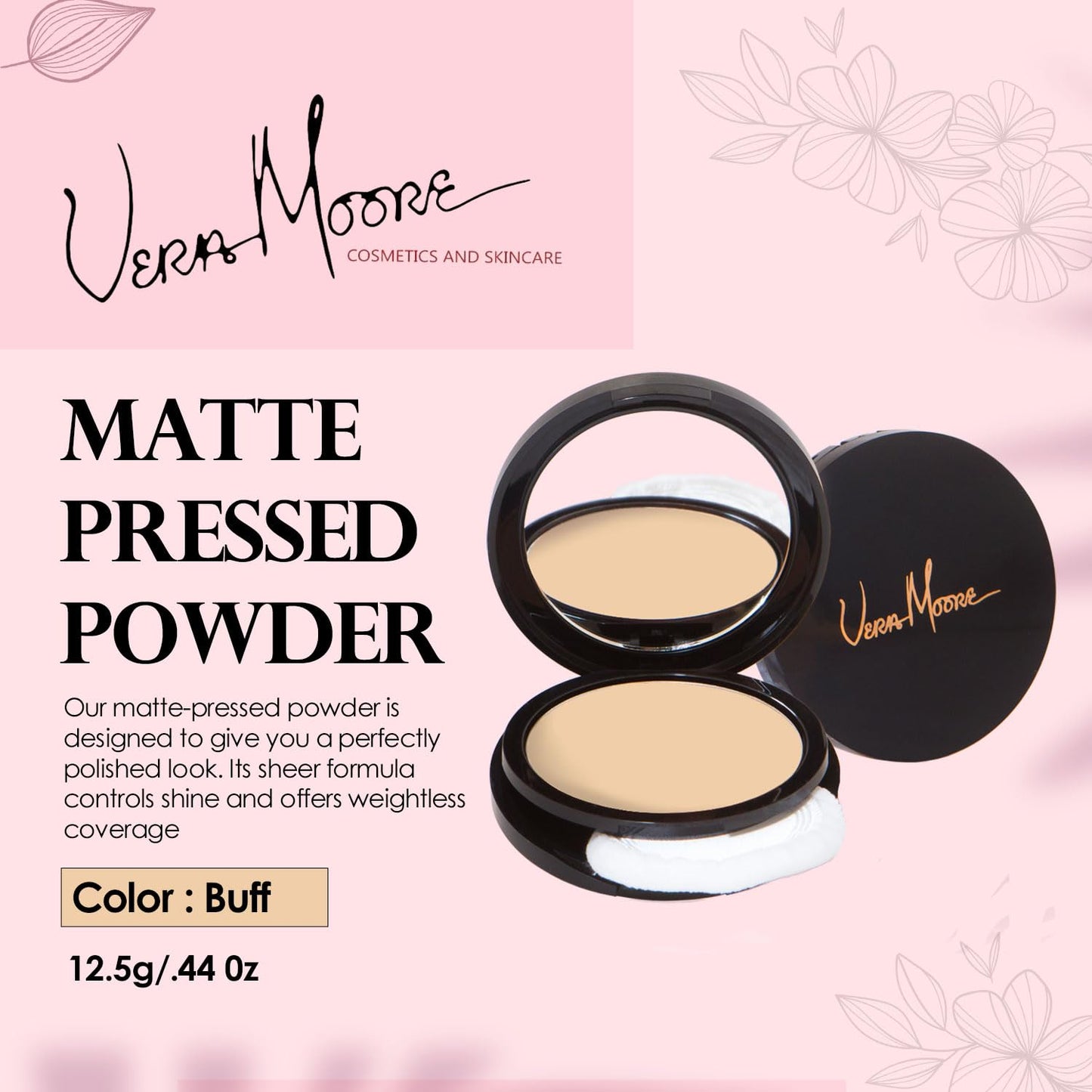Vera Moore Matte Pressed Powder, Makeup Setting Compact Powder, Face Powder for Full Coverage with Flawless Finish, Shine, Matte Finish for All Skin Types (Buff, 12.5g)